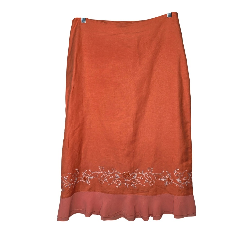 Kaelyn-Max Skirt Womens 16 Orange Embroidered Ruffle Hem Ramie Rayon Midi Beaded